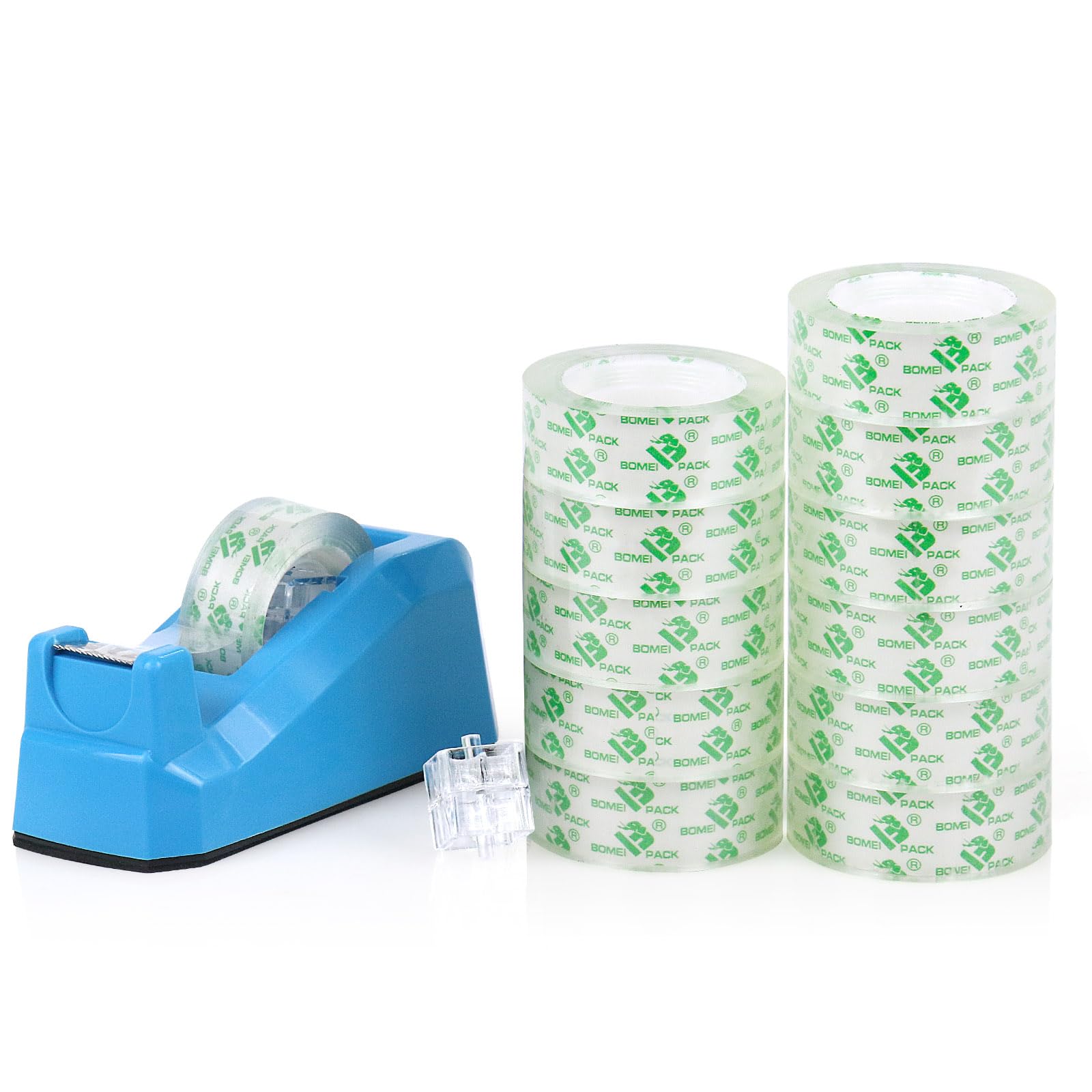 BOMEI PACK Transparent Tape Dispensers Desk, 1 Pack Blue with 12Rolls Transparen