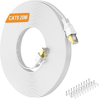 Cat8 Ethernet Cable 20m, High Speed 40Gbps 2000MHz Flat Internet LAN Cable, Shielded RJ45 Network Patch Cord for Router, Modem, Switch, Gaming Consoles (PS5, Xbox) – White