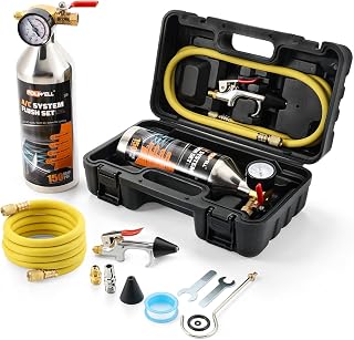 POLIWELL AC Flush Kit with 59" Nylon Hose, Stainless Steel Body & Flush Gun – For R134a/R12/R22/R404a/R406a/R410a – Fits Car AC Lines, Condenser, Evaporator (Solvent Not Included)