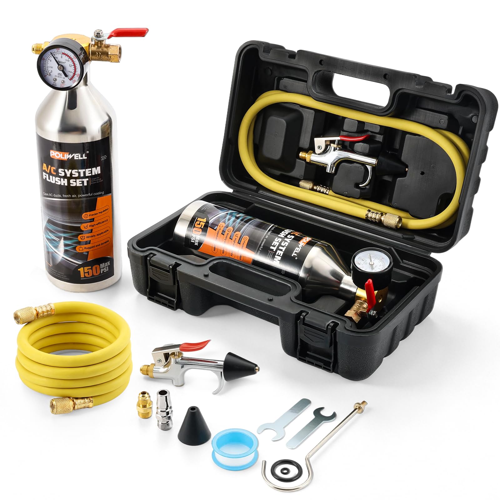 POLIWELL AC Flush Kit with 59" Nylon Hose, Stainless Steel Body & Flush Gun – Fo