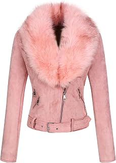 Bellivera Women's Faux Leather Trench Coat Fleece Lined Mid Length Jacket with Detachable Fur Collar