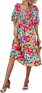 PRETTYGARDEN Women's Summer Casual Dresses 2026 Spring Puff Sleeve Square Neck A Line Flowy Boho Floral Smocked Midi Dress