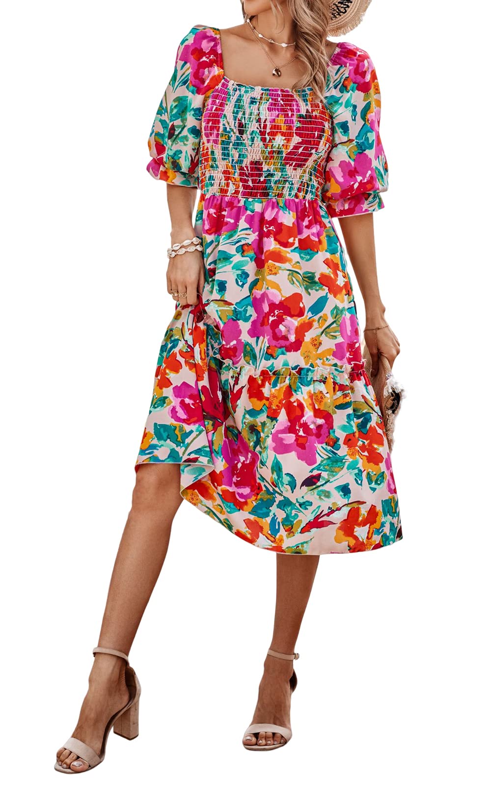 PRETTYGARDEN Women's Summer Casual Dresses 2026 Spring Puff Sleeve Square Neck A