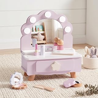 ROBOTIME Toddler Vanity Makeup Table Toy with Mirror & Light, Wooden Kids Makeup Vanity Set, Dressing Table with Accessories and Lights, Pretend Makeup Set for Little Girls (Purple)