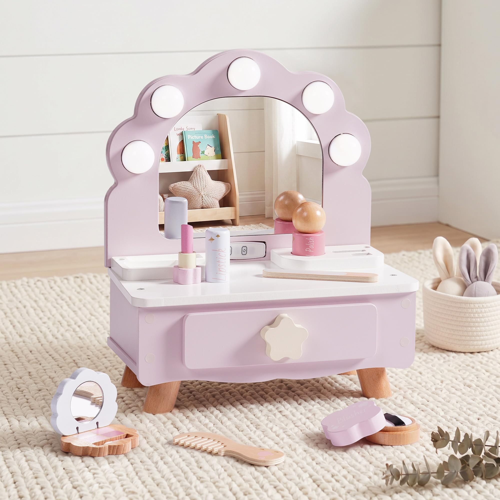 ROBOTIME Toddler Vanity Makeup Table Toy with Mirror & Light, Wooden Kids Makeup