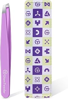Expert Slant Tip Tweezers with Leather Case, GlamTweeler Sharp & Precision Stainless Steel Tweezer for Eyebrows, Facial Hair and Fine Hairs Removal (Violet)