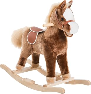 Qaba Kids Rocking Horse Wooden Base Ride-On Toy Handle Grip 36M+ Brown | Plush Toddler Rocker, Traditional Toy