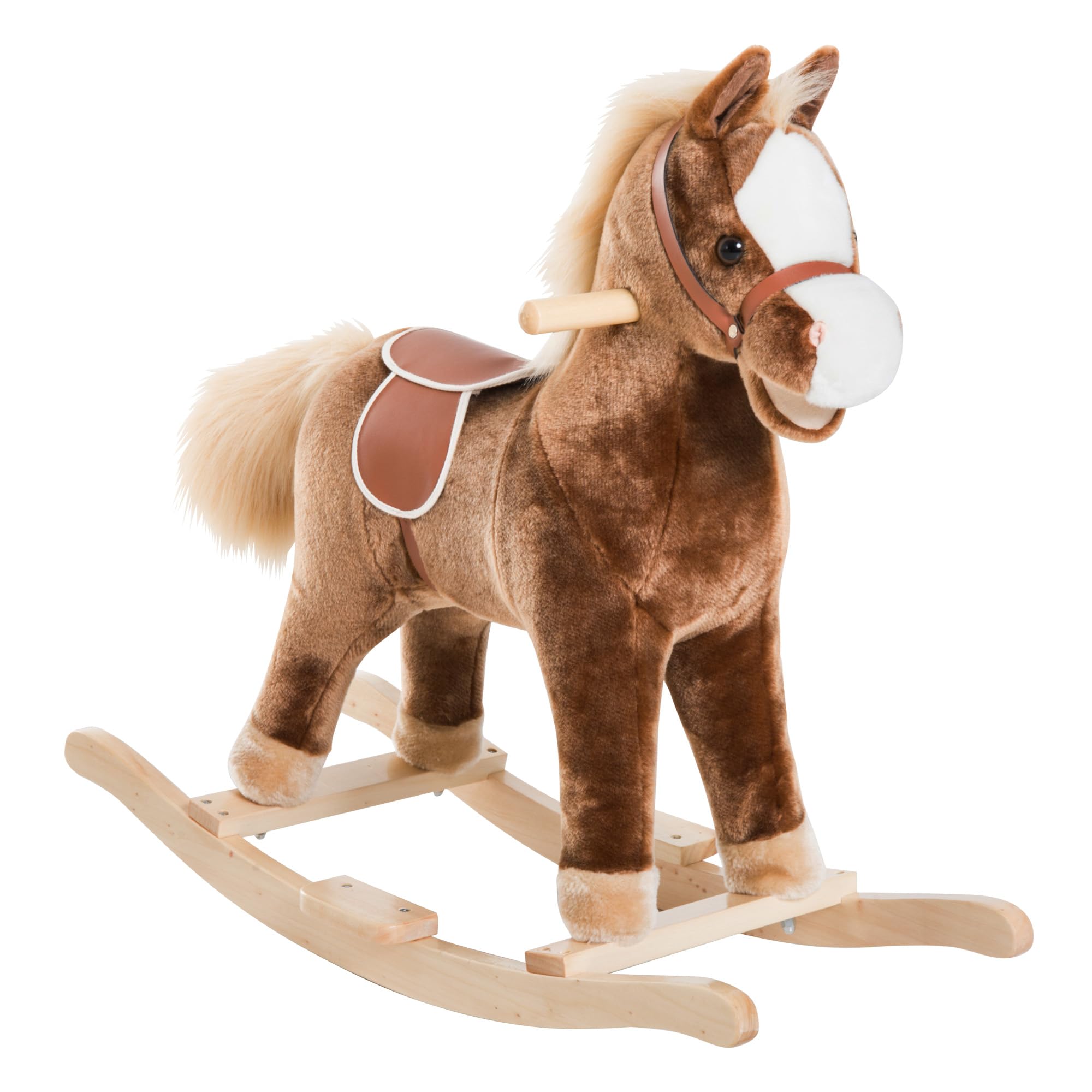 Qaba Kids Rocking Horse Wooden Base Ride-On Toy Handle Grip 36M+ Brown | Plush T