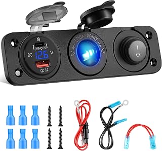 Kohree 12V USB Outlet Socket 3 in 1, PD Type C 3.0 & QC 3.0 USB Charger | Waterproof USB Charger Socket with Cigarette Lighter Socket, Blue LEDs, Voltmeter for Marine, Car, RV, Motorcycle, Boat