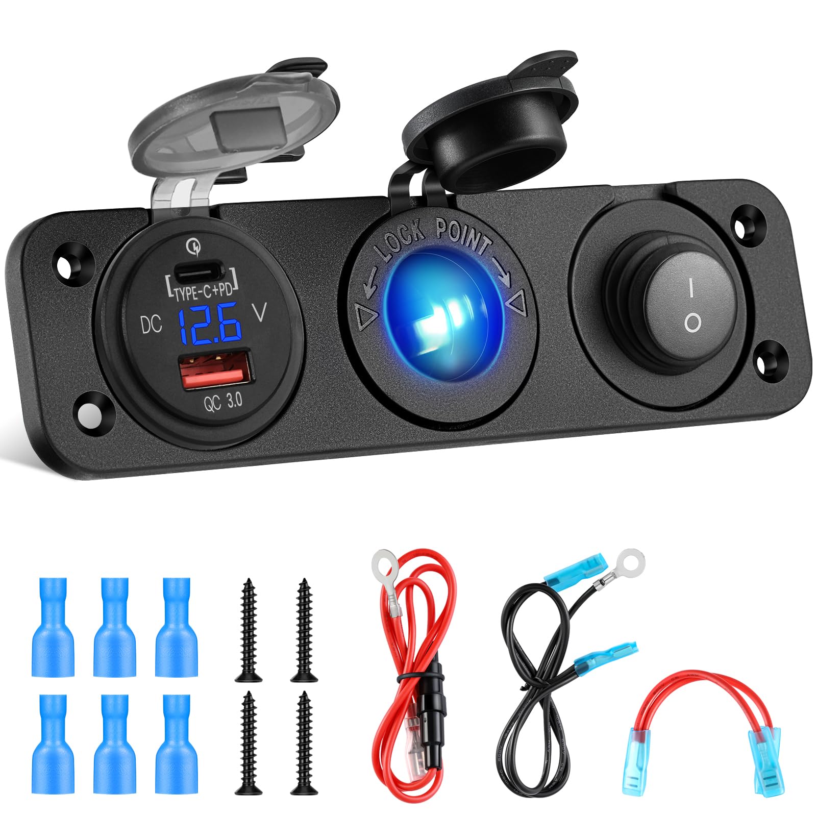 Kohree 12V USB Outlet Socket 3 in 1, PD Type C 3.0 & QC 3.0 USB Charger | Waterp