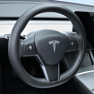 Uxcer Nappa Leather Steering Wheel Cover Compatible with Tesla Model 3/Y 2016-2025 2026 Juniper/Highland, Non-Slip Breathable Model 3/Y Steering Wheel Protector, Black