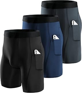 Niksa 3 Pieces Running Tights Men Short Shorts Basic Compression Men Shorts Workout with Cell Phone Pocket Quick Dry Breathable Shorts