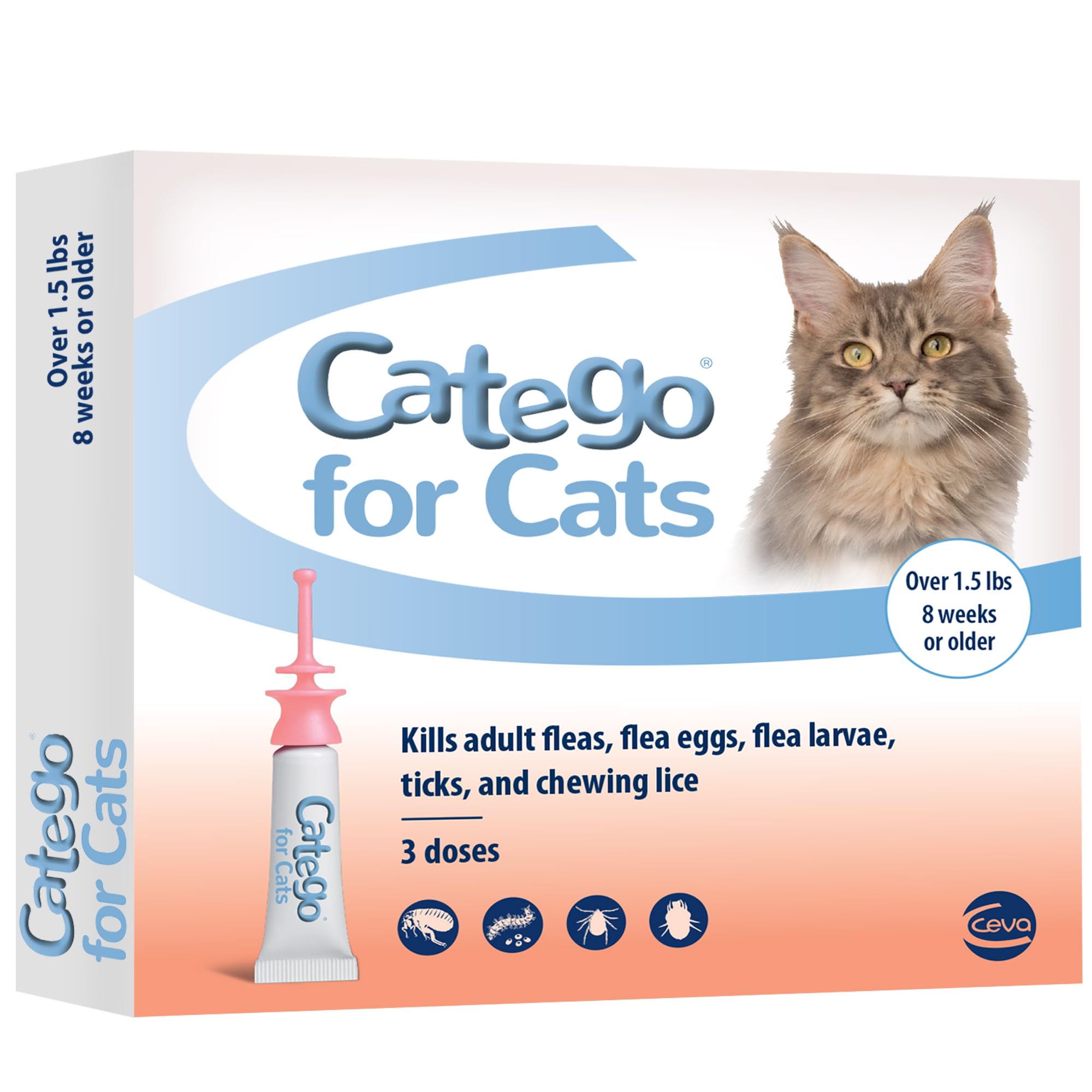 Catego Flea and Tick Prevention for Cats - Over 1.5 lbs, 3 Month Supply | No Pre