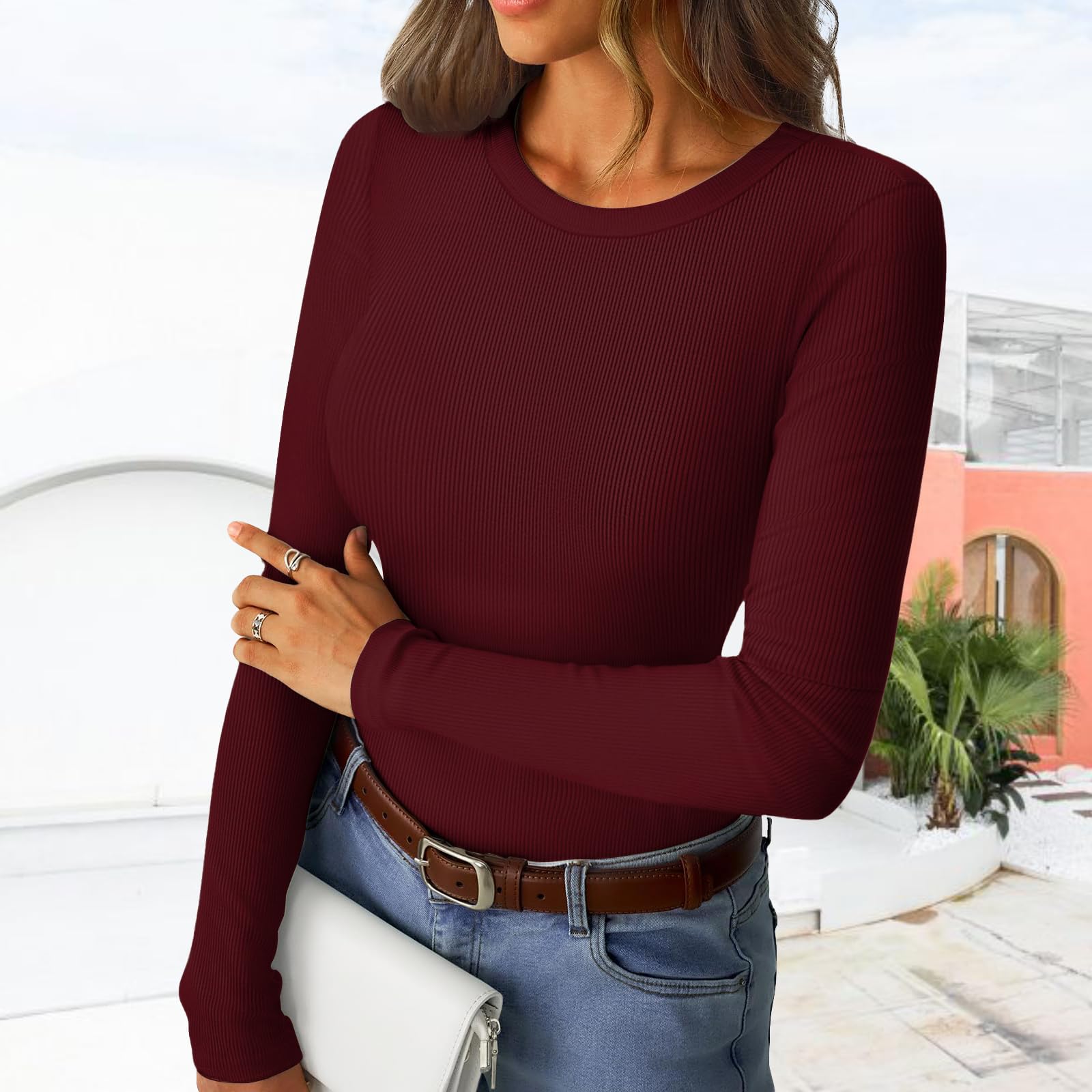 Women Long Sleeve Blouses Ribbed Knit Office Work Basic Top Autumn Bodycon Casua
