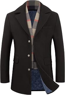 WULFUL Men’s Wool Blend Winter Coat Slim Fit Short Trenchcoat Warm Business Jacket with Detachable Soft Wool Scarf