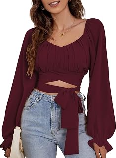 Rooscier Womens Ruffle Blouse Square Neck Flounce Long Sleeve Self Tie Crop Top, wine red