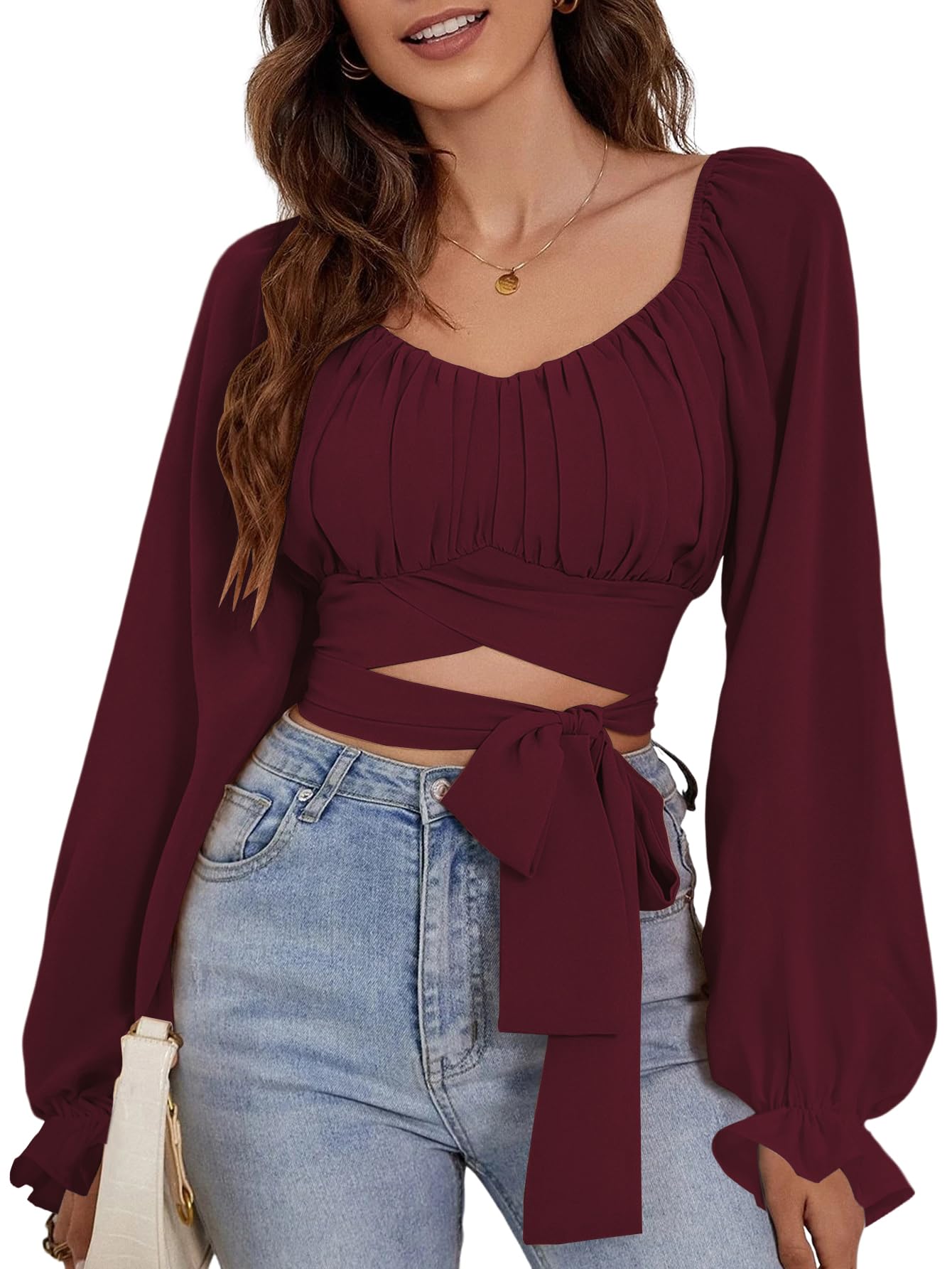 Rooscier Womens Ruffle Blouse Square Neck Flounce Long Sleeve Self Tie Crop Top,