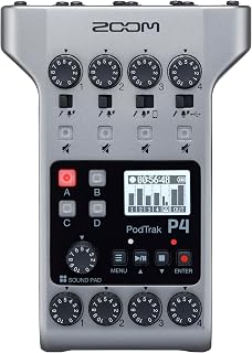 Zoom PodTrak P4 Podcast Recorder, Battery Powered, 4 Microphone Inputs, 4 Headphone Outputs, Phone and USB Input for Remote Interviews, Sound Pads, 2-In/2-Out Audio Interface