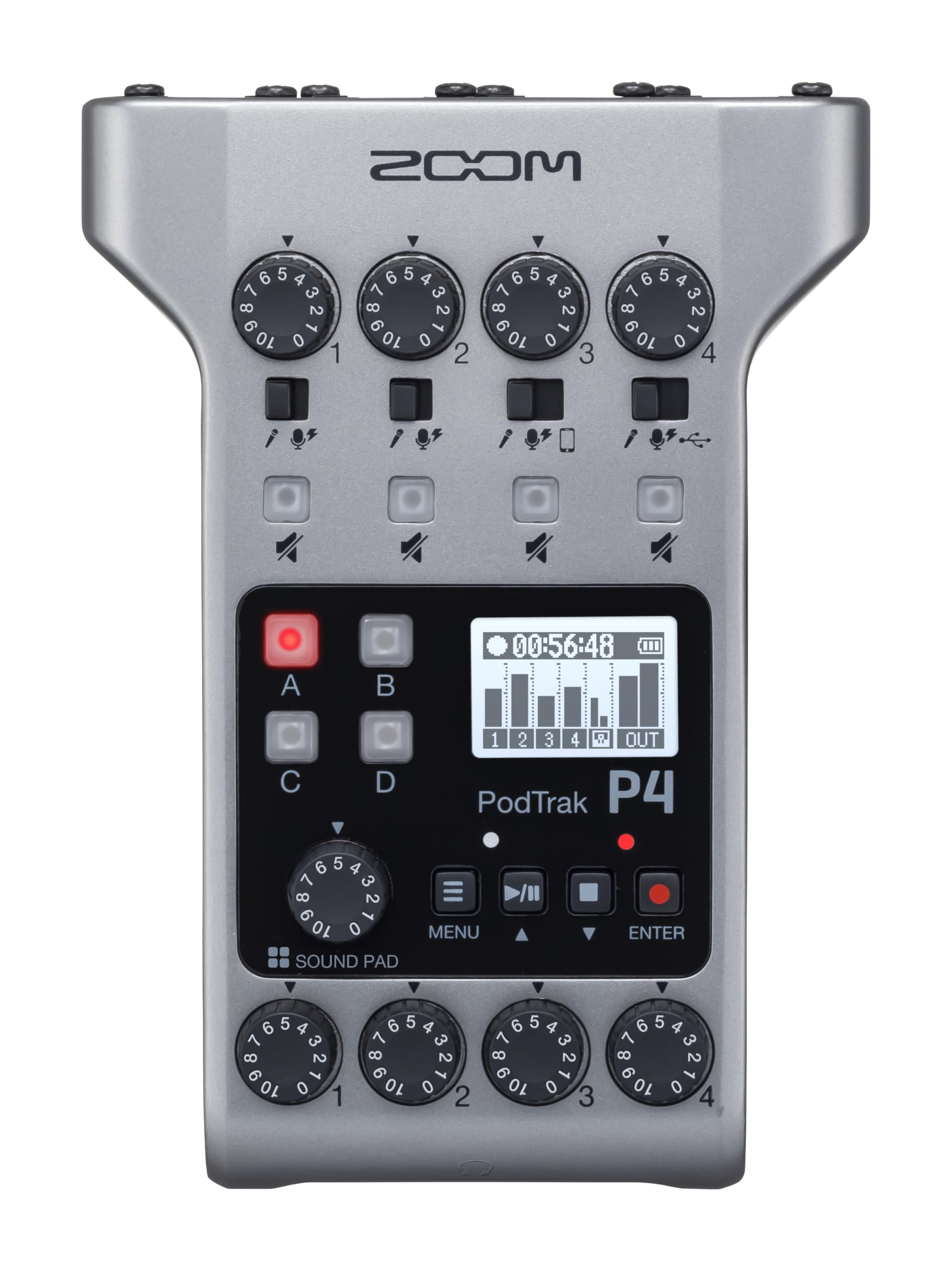 Zoom PodTrak P4 Podcast Recorder, Battery Powered, 4 Microphone Inputs, 4 Headph