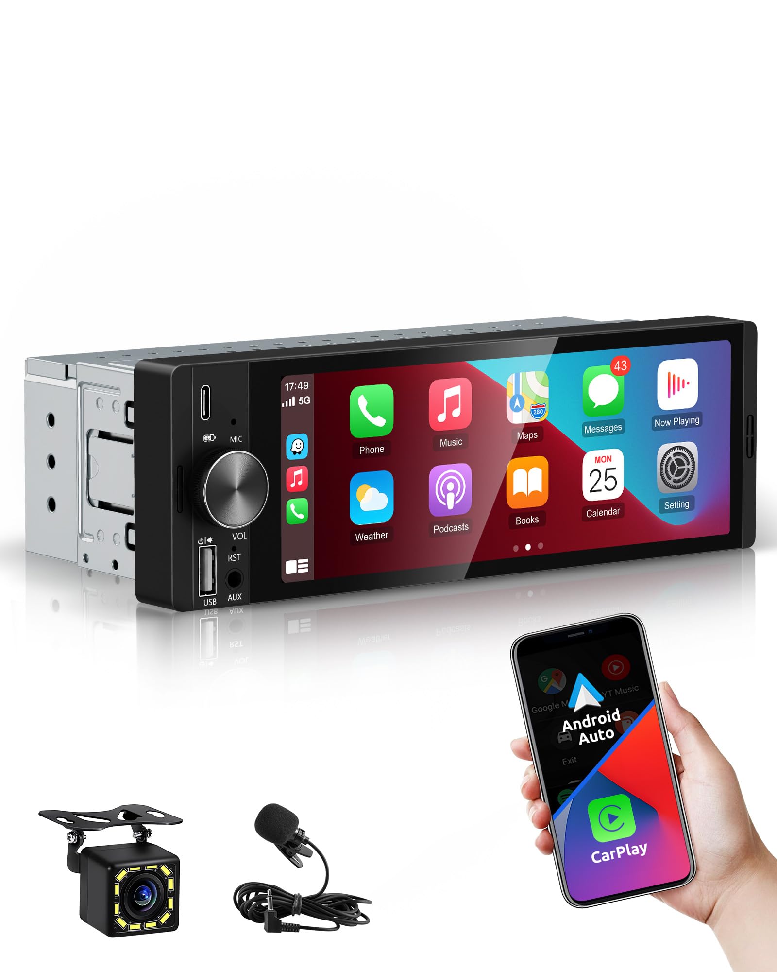 ESSGOO Single Din Car Stereo with Wireless Carplay and Android Auto | 6.36 Inch 