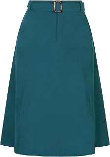 Allegra K Women's High Waist Elastic A-Line Belted Midi Corduroy Skirt