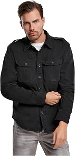 Brandit Individual Wear Men's Vintage Long Sleeve Shirt, with Button-Down Design, Front Pockets, Epaulettes, Raw Edges, Black - Large
