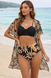 Women Bikini Set 3 Pieces Swimwear Cover Up Top Bikini Top High Waist Bikini Swimsuit Beach Vacation Pool Swimwear