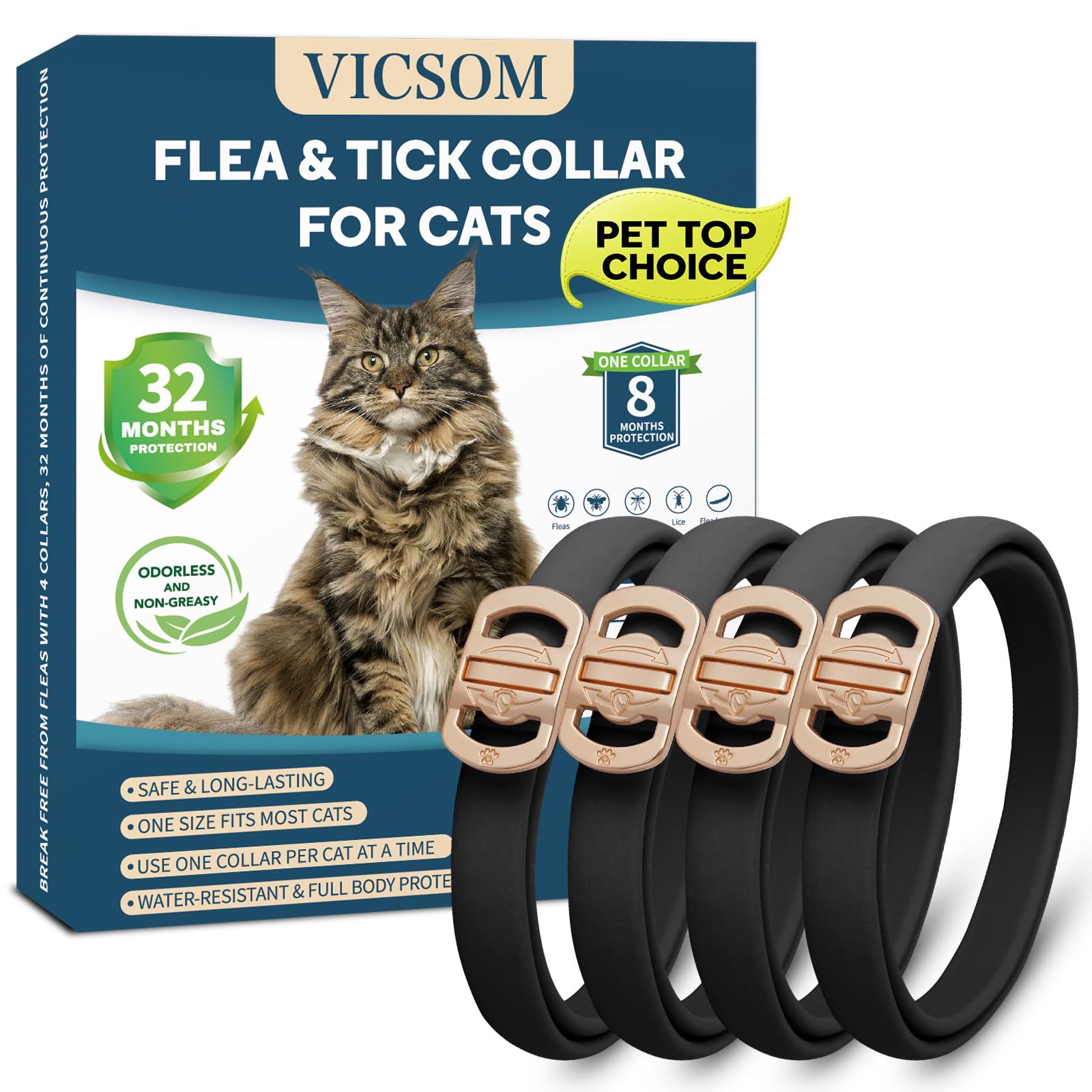 VICSOM Flea Collar for Cats, Flea and Tick Prevention for Cats, 4 Pack | 32 Mont