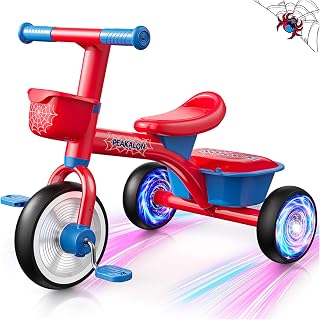 Spider Toddler Tricycle for 1-3 3-5 Years Old Boys Girls,Toddler Baby Balance Bike with Colorful Lighting, Adjustable Seat & 2 Basket, Idea Birthday Gift and Toy for Age 1 2 3 4 5 Kids Outdoor