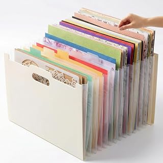 12x12 Scrapbook Paper Storage Organizer with 13 Expandable Pocket (Cream) | Large Capacity Desktop Craft Organizers and Storage for Scrapbook Essentials, Photos, Washi Tape, Stickers & Journal Supplies
