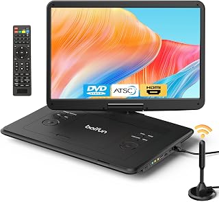 Boifun Portable DVD Player with ATSC TV & FM Radio, 15.6" HD Swivel Screen | Built-in Rechargeable Battery, HDMI Input for TV Stick, USB/TF Card Playback, Plays DVDs CDs VCDs, Car & Home Adapters,Black