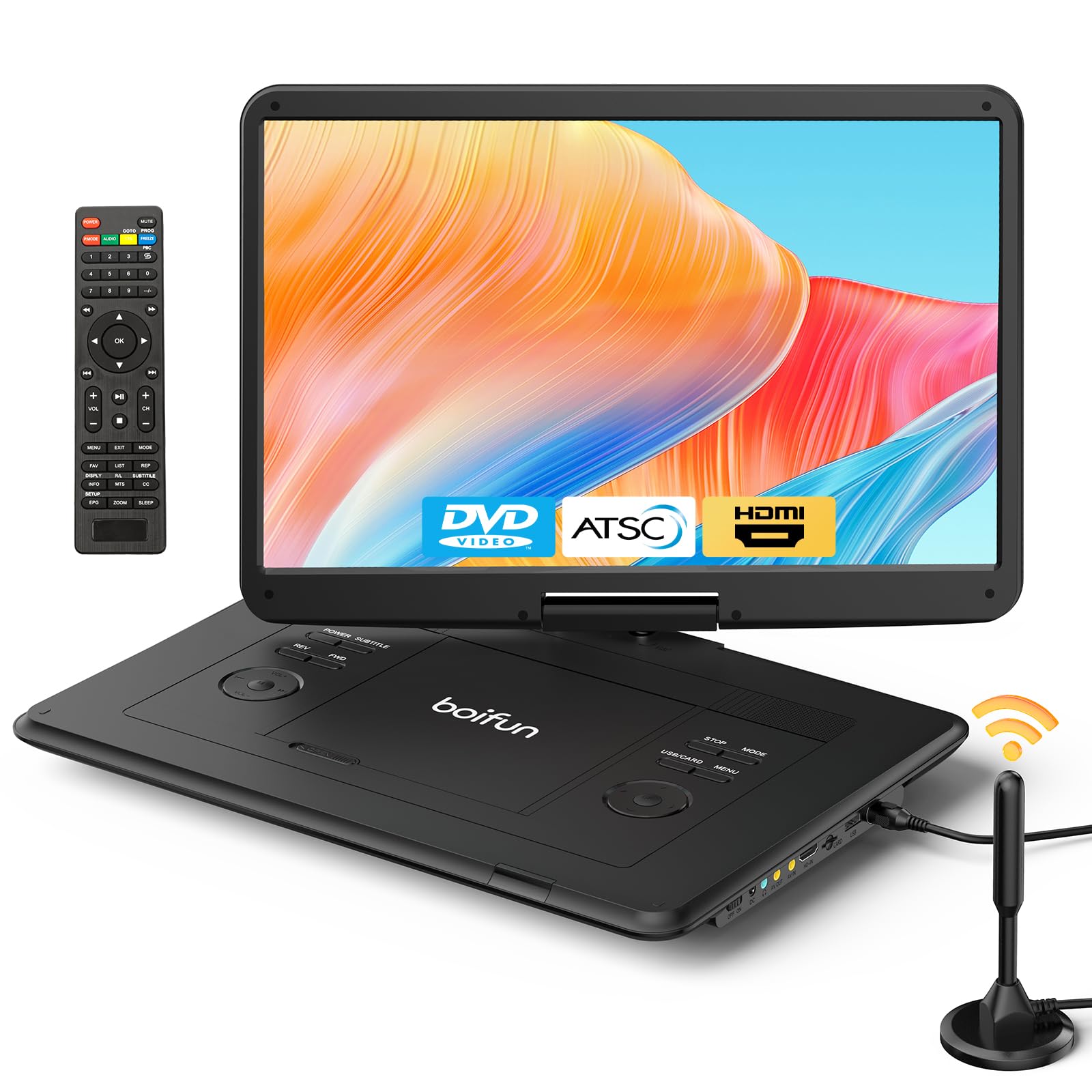 Boifun Portable DVD Player with ATSC TV & FM Radio, 15.6" HD Swivel Screen | Bui