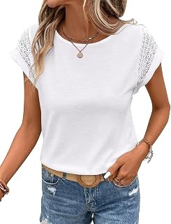 Bliwov Women's Tops Contrast Lace Short Sleeve 2025 Casual Round Neck Trendy Summer Spring Tops Loose Fit Fashion Tee