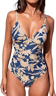 CUPSHE Women's Swimsuit, Triangle Design, V-Neck, Stripes, Tummy Control, Gathers, One-Piece Swimwear