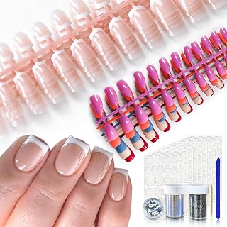 10 Pack Push Nails, Mixed Color Shiny Fuchsia False Nails, Salon Pre Design Clear Nude Pink French Nail Art Tips, Daily Nail Gifts for Women Girls with Adhesive Tabs
