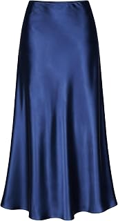 ALCEA ROSEA Womens Satin High Waisted Silky Midi Skirt Elastic A-line Skirt for Wedding Party Work