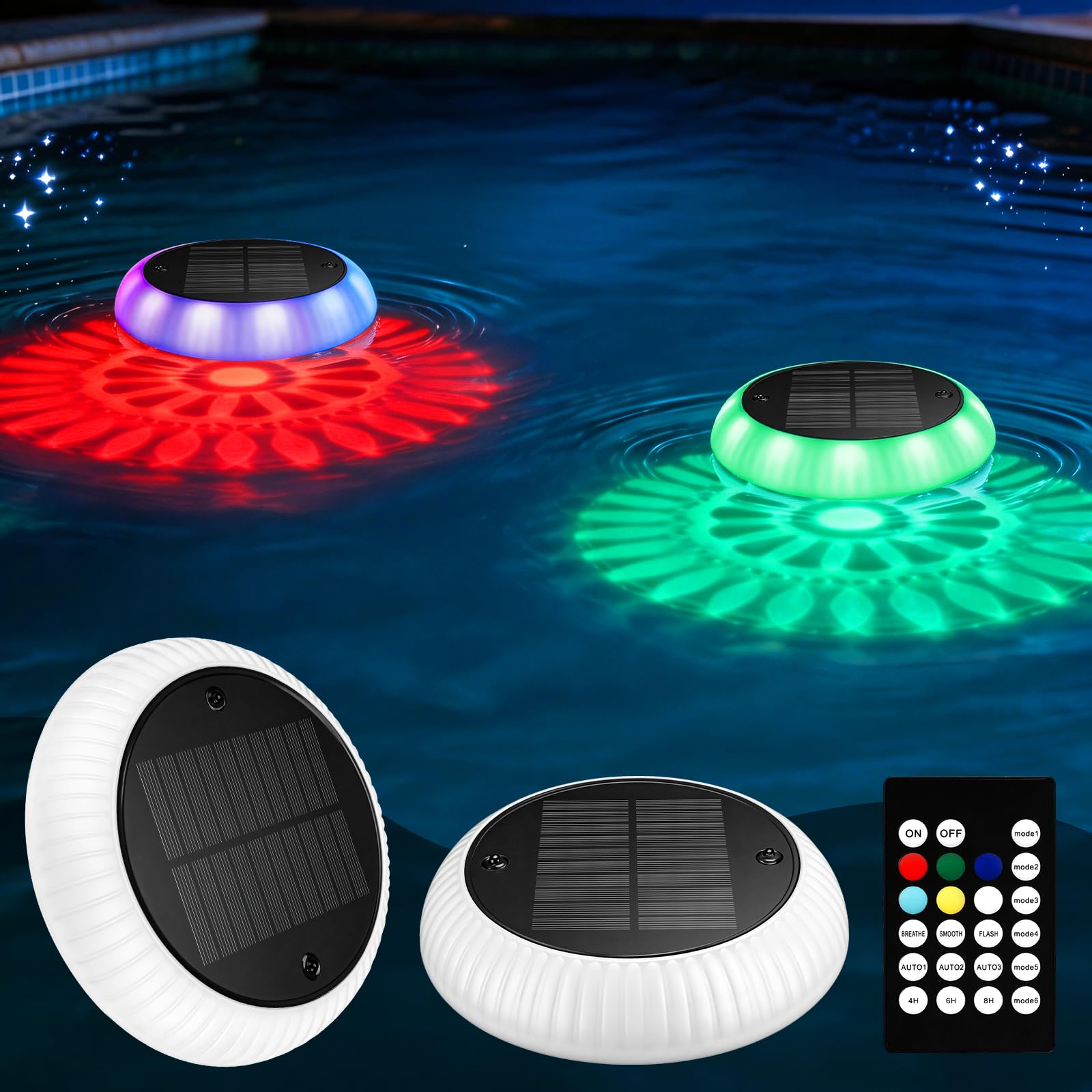 Yogaret 2-Pack Floating Pool Lights - IP68 Waterproof, Remote Control | Solar Po