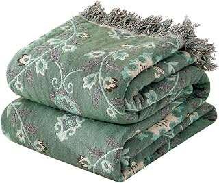Boho Throw Blanket for Bed - 100% Cotton Vintage Travel Quilt - All Season Blanket Green Floral Printed Home Decor Farmhouse Bed Blankets, Super Soft Warm Blanket for Sofa Couch Bed Chair, 80"×90"