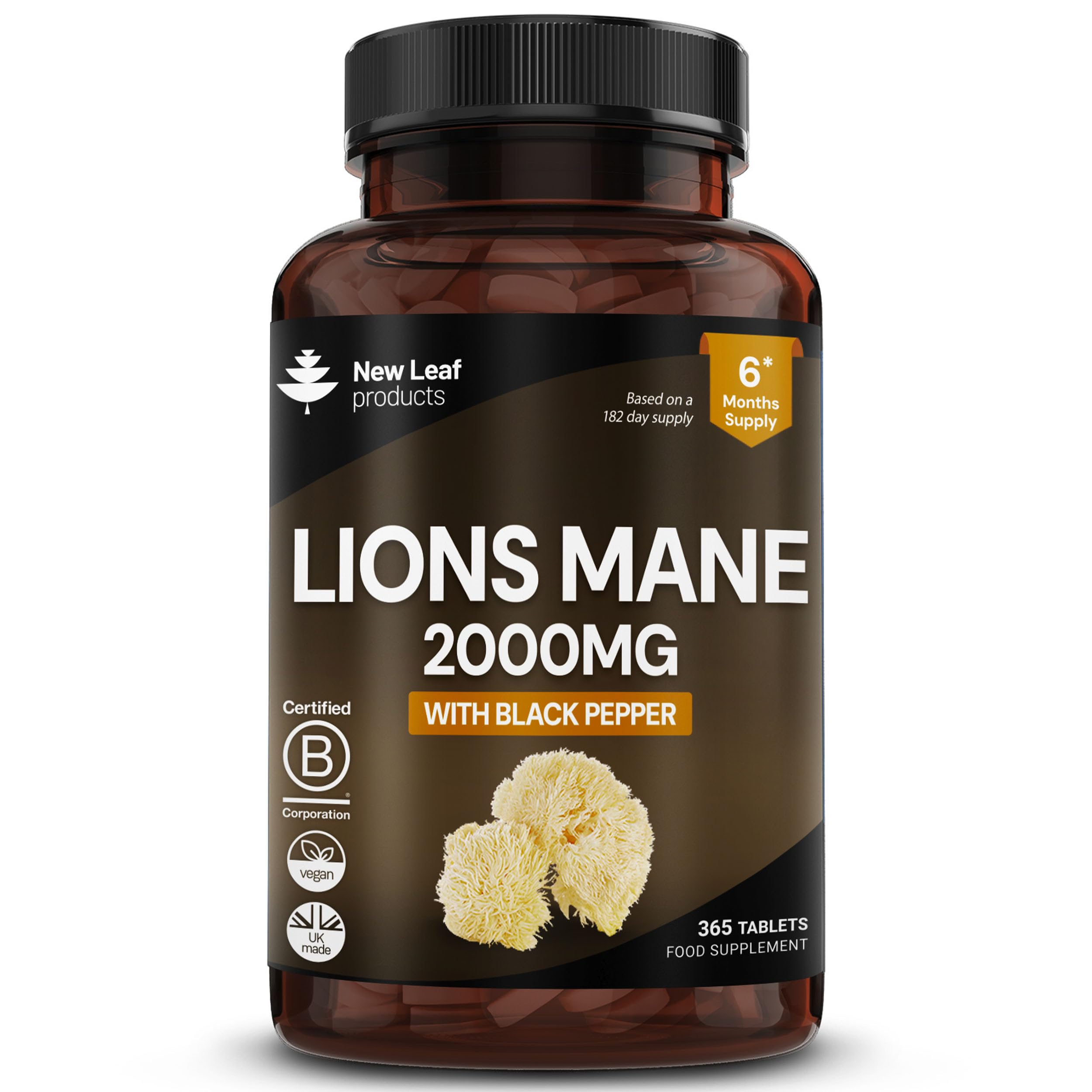 New Leaf Lions Mane Mushroom Supplement 2000mg - 365 High Strength Tablets