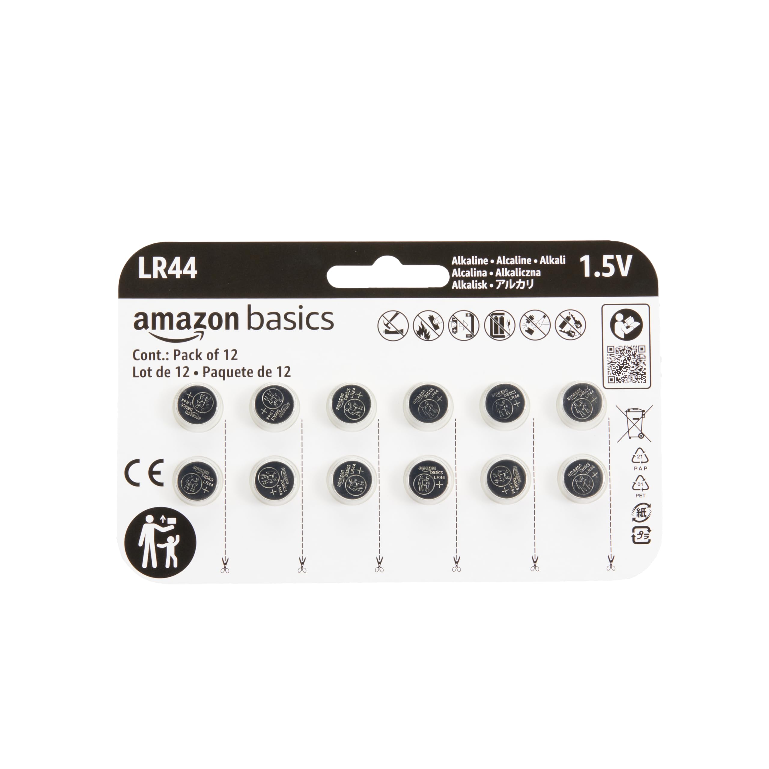 Amazon Basics 12-Pack LR44 Alkaline Button Cell Batteries, 1.5 Volt, Long Lastin