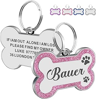 Dog Tags for Pets Engraved UK Personalised ID Tags for Dogs with Any Name & Text Dog Collar Glitter Bone Dog Tag Custom Stainless Steel Dog Name Tag for Puppy Pet Dogs (Pink S, Bone)