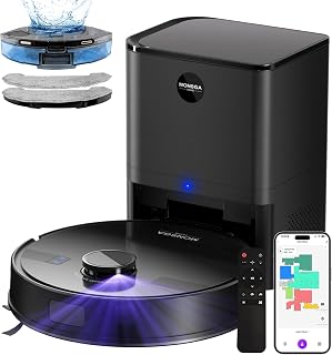 MONSGA Robot Vacuums and Mop, Self-Emptying, 6000Pa, Lidar Navigation, Lidar Smart Mapping, Wi-Fi/App/Alexa/Remote, 180mins Runtime, Vacuums for Pet Hair, Hard Floor, Carpet (Black)