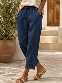 Women Cotton Linen Pants Casual Lightweight Elastic Drawstring Pants Summer 3/4 Pants with Pockets S-XXL