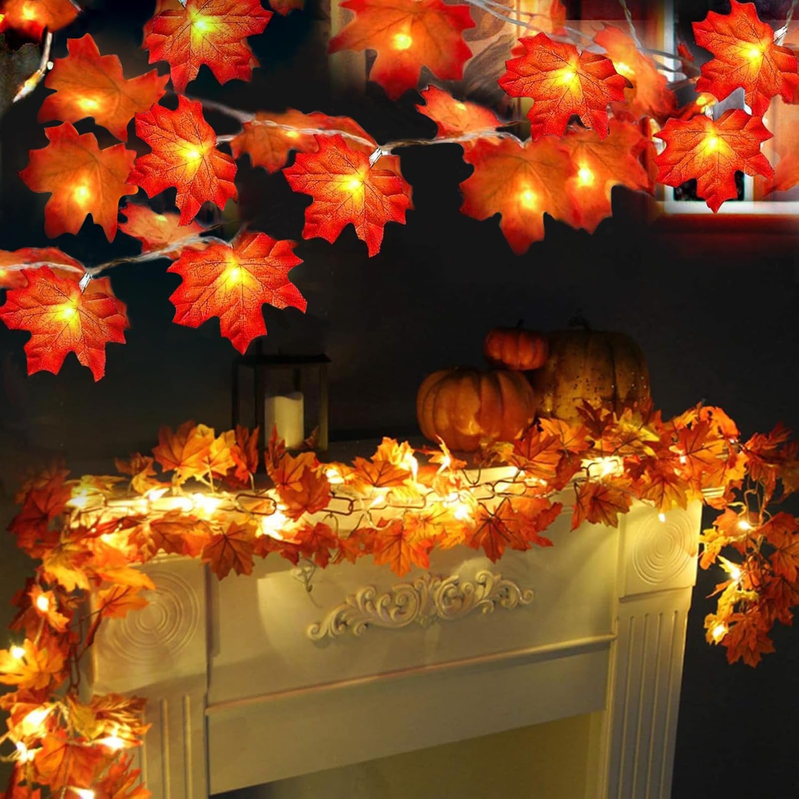 Thanksgiving Decorations 2 Pack Fall Maple Leaves Garland with Lights | Thanksgi