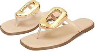 Wnshonzy Flip-Flops for Women Thong Sandals Flat Slip on Slides Beach Comfort Open Square Toe Ladies Slipper Dressy Metal Hardware Decoration Summer Shoes Casual Fashion