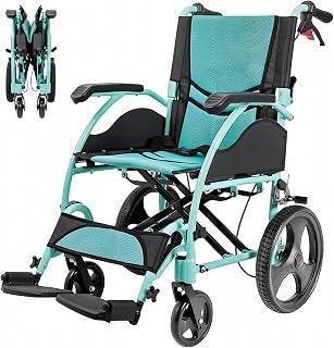 Care-Parents Wheelchair, Assisted Type, Simple, Lightweight Wheelchair, Aluminum, Self-Use & Assistance Brake, Foldable, Lightweight, Compact, No Assembly Required, Convenient to Carry, For Elderly People, Suitable for Indoors, Outings, Travel (CP-863BS, Green)