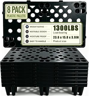 8 Pack Nestable Plastic Pallets, Waterproof Moisture Proof Breathable Grid Floor Pallets, Lightweight Interlocking Storage Pads for Basement Warehouse Home Indoor Outdoor, 23.6 x 15.8 x 3.9 Inch Black