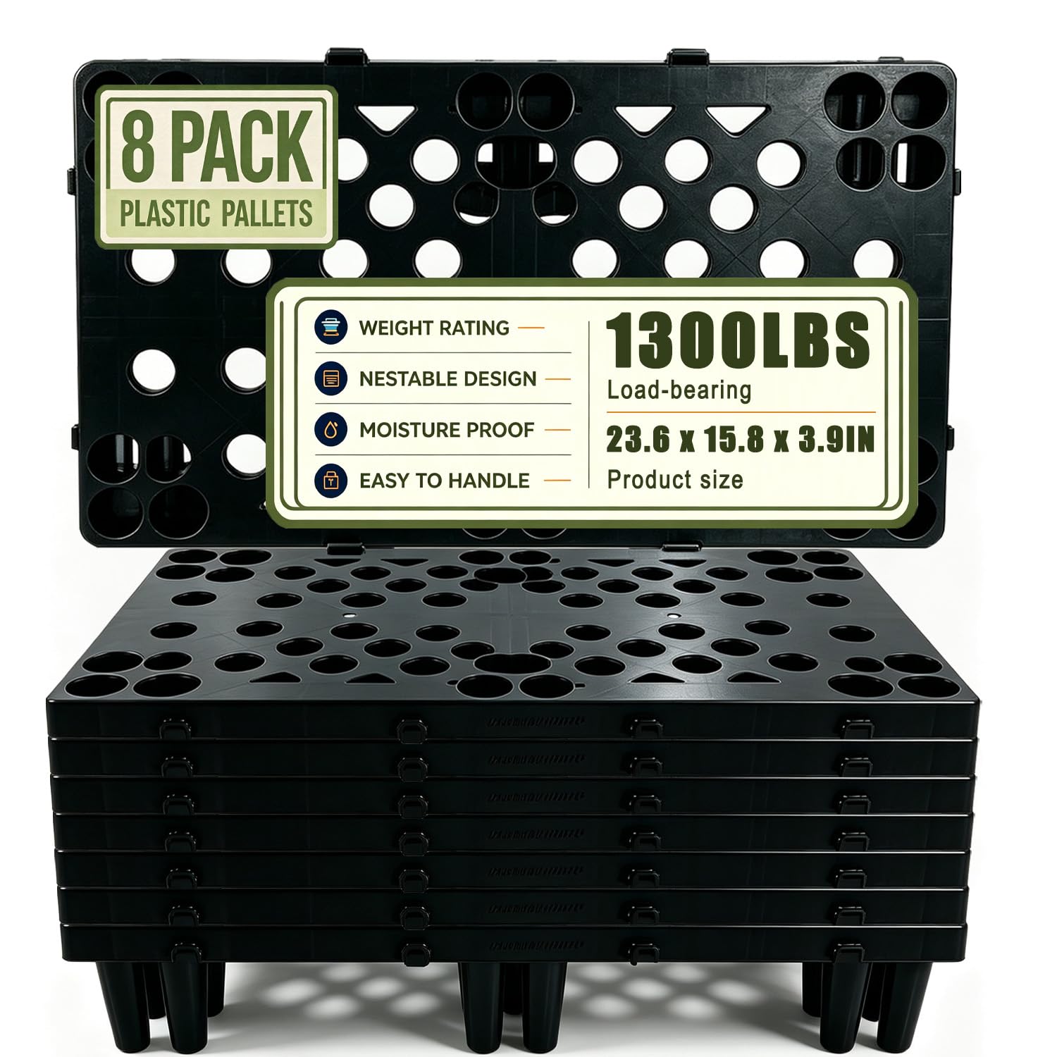 8 Pack Nestable Plastic Pallets, Waterproof Moisture Proof Breathable Grid Floor