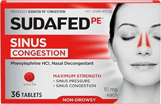 Sudafed PE Sinus Congestion Relief Tablets, 10 mg Phenylephrine HCI, 36 Ct | Maximum Strength, Non-Drowsy, Nasal Decongestant for Sinus Pressure & Congestion due to Cold or Allergies