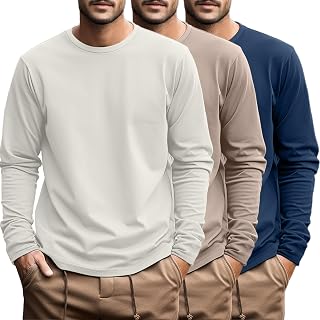 Ficerd 3 Pack Men's Plus Size T Shirts, Cotton Long Sleeve T-Shirts, Round Neck and Oversized Tops